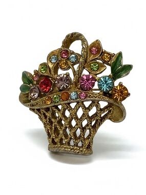 Vintage Gold Tone Rhinestone Flower Basket Brooch Multicolor 1950s Unsigned